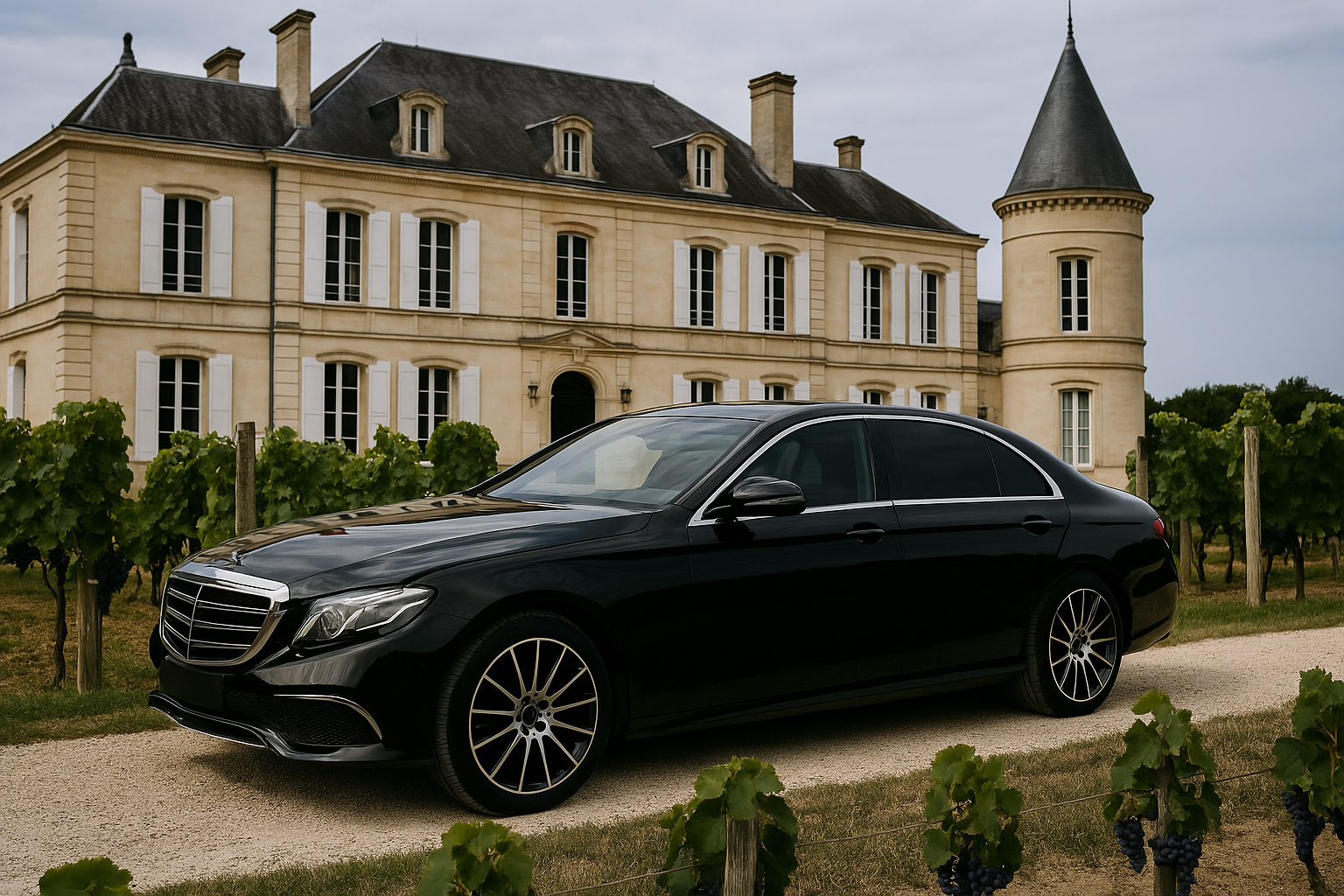 VTC château Bordeaux : Berline noire de luxe devant un château viticole prestigieux à Bordeaux pour wine tour haut de gamme