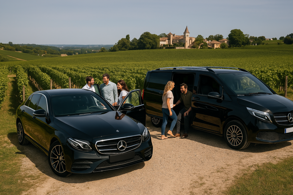 Chauffeur VTC accueillant des clients dans les vignobles de Bordeaux, avec une berline noire et un van haut de gamme pour un wine tour