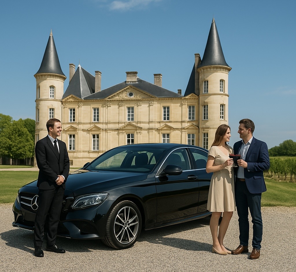 Chauffeur privé VTC à Bordeaux en berline noire lors d’un wine tour dans un château viticole