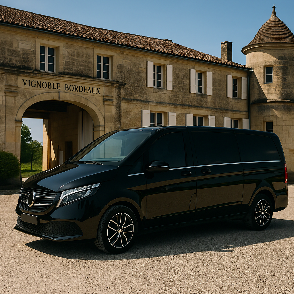 Van noir haut de gamme garé devant un château viticole à Bordeaux pour wine tour VTC