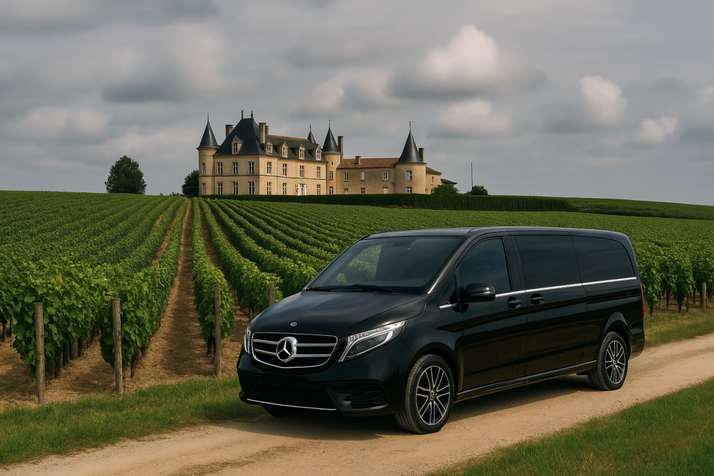 Van noir VTC stationné près d’un château dans un vignoble de Bordeaux, parfait pour un wine tour privé