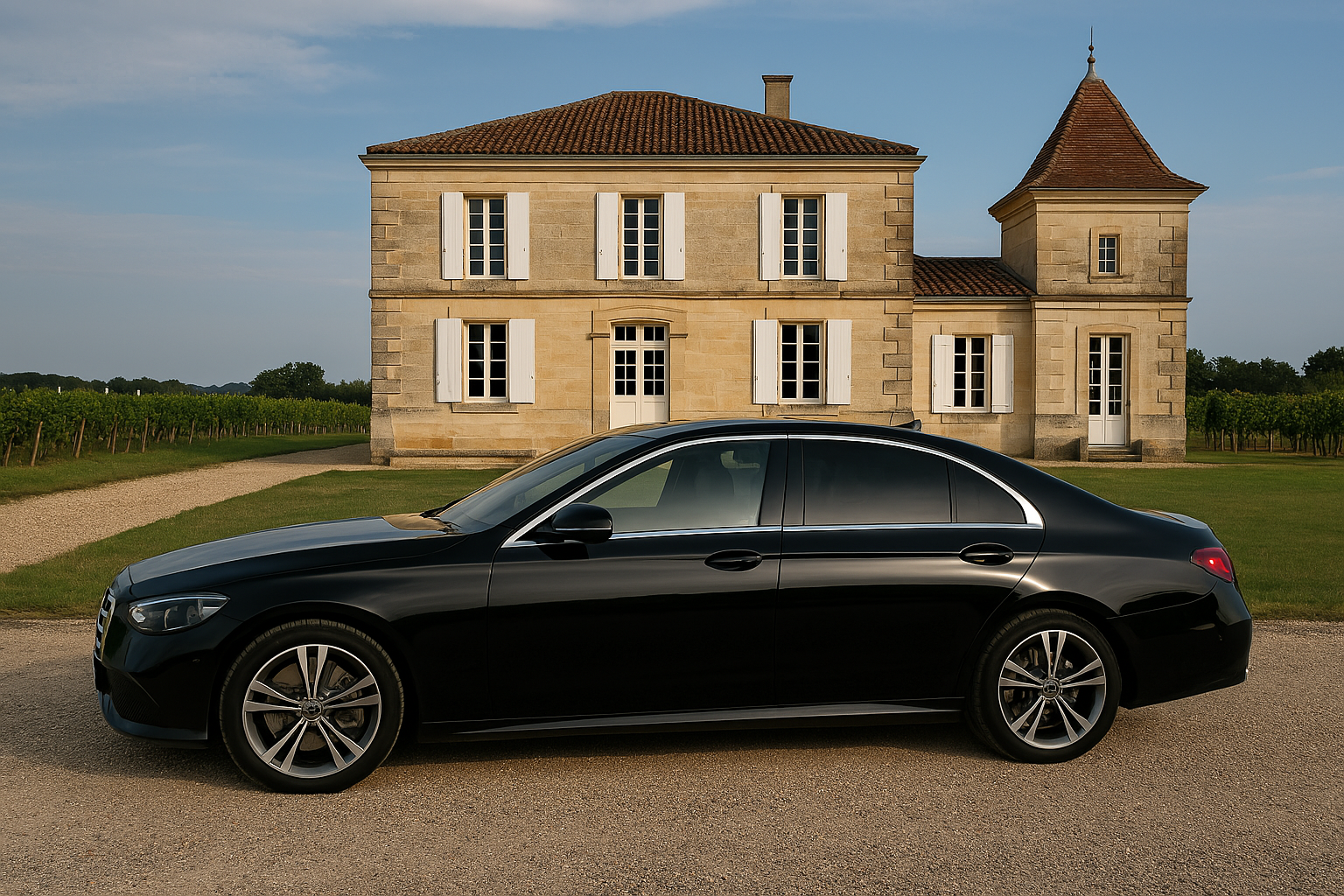 VTC château Bordeaux - Berline noire devant un château viticole en pleine campagne