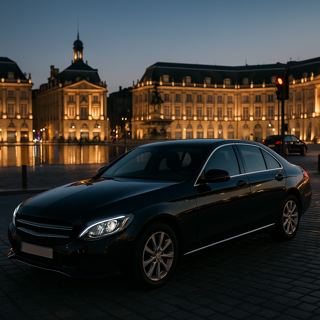 VTC Bordeaux de nuit – Berline noire haut de gamme stationnée en centre-ville, service chauffeur privé 24h/24