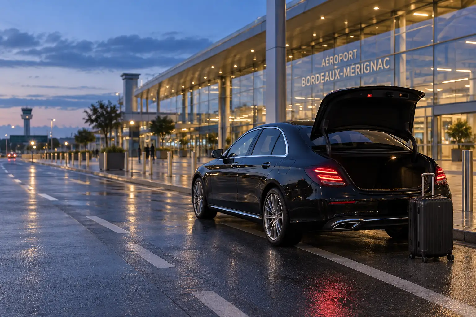 VTC aéroport Bordeaux-Mérignac, berline noire devant le terminal à la tombée de la nuit