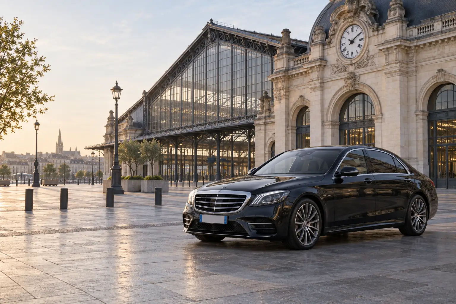 VTC gare Saint-Jean Bordeaux, berline noire devant la façade et l'horloge de la gare
